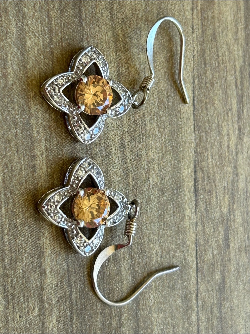 Silver Floral Drop Earrings with Champagne Crystal